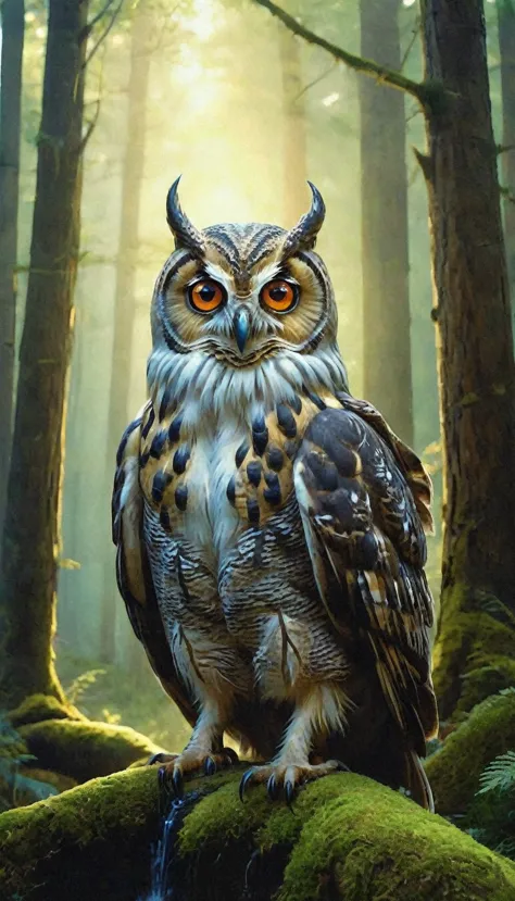 in the mountains and forests，a fantasy creature with four eyes and a human face fused with an owl&#39;s body(best quality，4k，8k，...