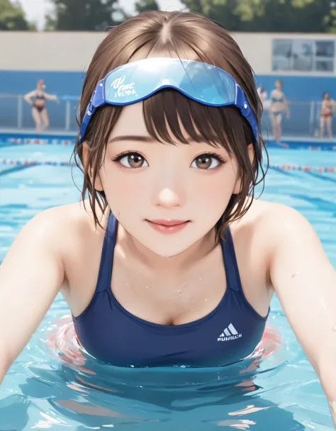 (best quality:1.2), 1girl, municipal pool, swimming, swimwear, summer, upper body shot, shoot from front