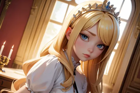 arrogant young lady, blonde 　look of disgust　looking at the camera　 inside the mansion　up　low - angle