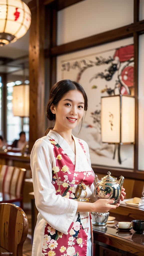 Masterpiece, candid shot,（Super fine，fidelity：1.37），portrait, Japanese restaurant owner，dark hair，hazel brown eyes，delicate lips，confident smile，well groomed appearance，Japanese traditional sill kawai dress, spring clothes，floral pattern，Standing in a brightly lit restaurant，antique wooden furniture，Elaborately carved decoration, Japanese traditional elements，Beautifully painted porcelain plates and teapots，Authentic japanese cuisine，Vibrant color palette，Defocused lights in the background create a warm and inviting atmosphere