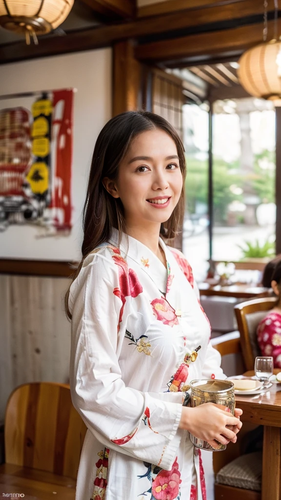 Masterpiece, candid shot,（Super fine，fidelity：1.37），portrait, Japanese restaurant owner，dark hair，hazel brown eyes，delicate lips，confident smile，well groomed appearance，Japanese traditional sill kawai dress, spring clothes，floral pattern，Standing in a brightly lit restaurant，antique wooden furniture，Elaborately carved decoration, Japanese traditional elements，Beautifully painted porcelain plates and teapots，Authentic japanese cuisine，Vibrant color palette，Defocused lights in the background create a warm and inviting atmosphere