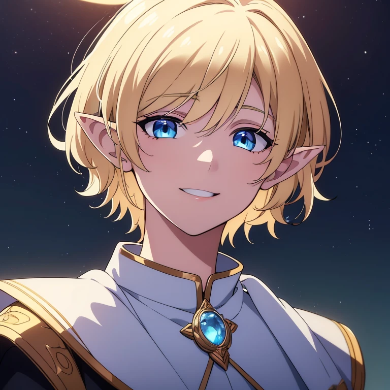 Masterpiece, best quality, 1boy, Solo, colorfull (finely detailed beautiful eyes and detailed face), Cinematic lighting, has Pastel Blue eyes, has Elf ears, has Blonde short hair, bust shot, extremely detailed CG unity, 8k wallpaper, Night, Moon in the background, moonlight, stars in the sky, dark theme, fantasy, smiling