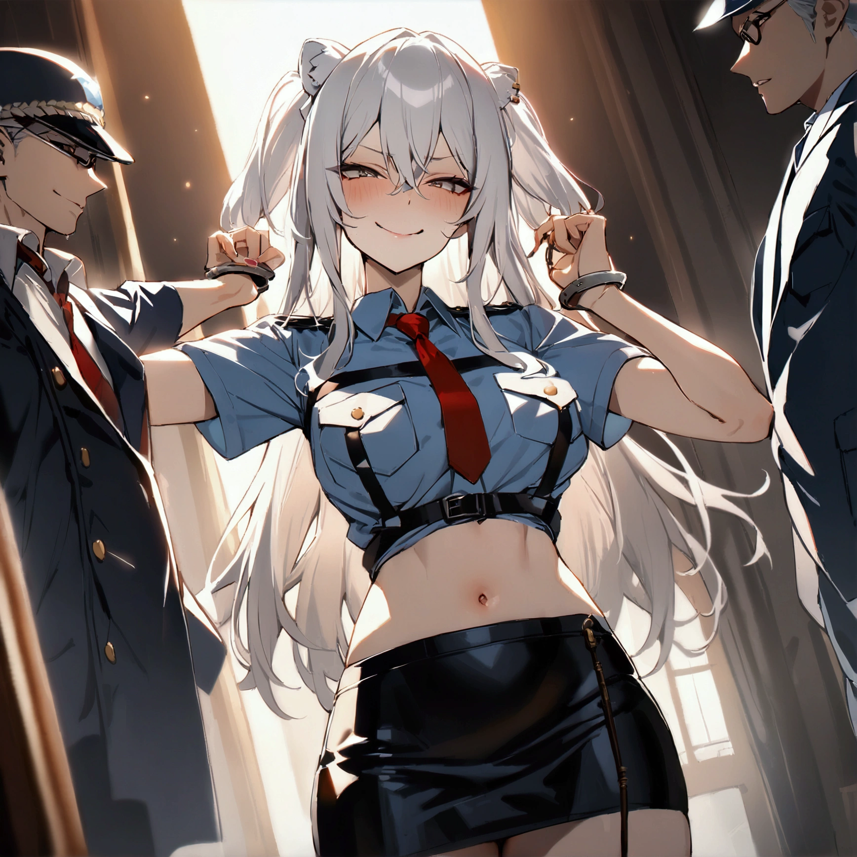 NSFW,masterpiece,Highest quality,High resolution,Super detailed,Shishirabotan\(Hololive\),Long Hair、Two Side Up,(((police costume))),navel,pencil skirt,evil smile,hanging handcuffs,standing