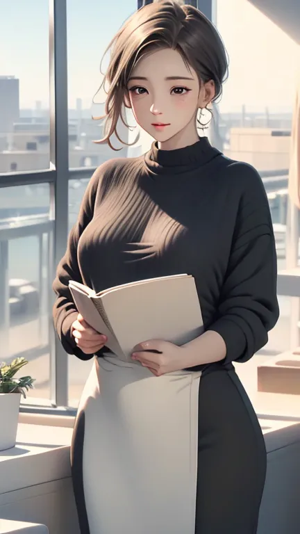 light color palettes,medium front shot, digital art painting . dreaming fresh art style,a single alone female office lady, charm...