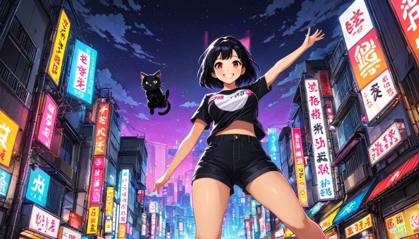 (((wide angle shot, from below, full body))), Girl, black hair, medium breast, jumping, spread arms and arms up, smile, T-shirt, White, Art, Retro, Cartoon Collage, ((little black cat on sholder)), tokyo city night background, neon light, detailed background, Anime Style