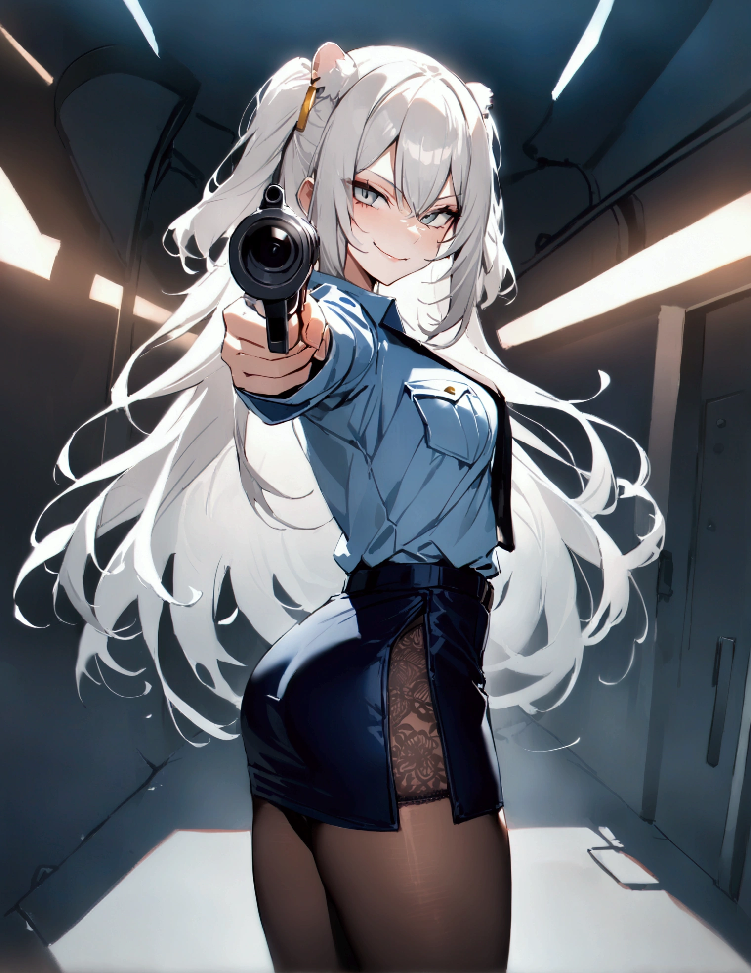 NSFW,masterpiece,Highest quality,High resolution,Super detailed,Shishirabotan\(Hololive\),Long Hair、Two Side Up,(((police costume))),lace panties,pantyhose,pencil skirt,evil smile,aiming pistol,standing,,looking viewer,from side