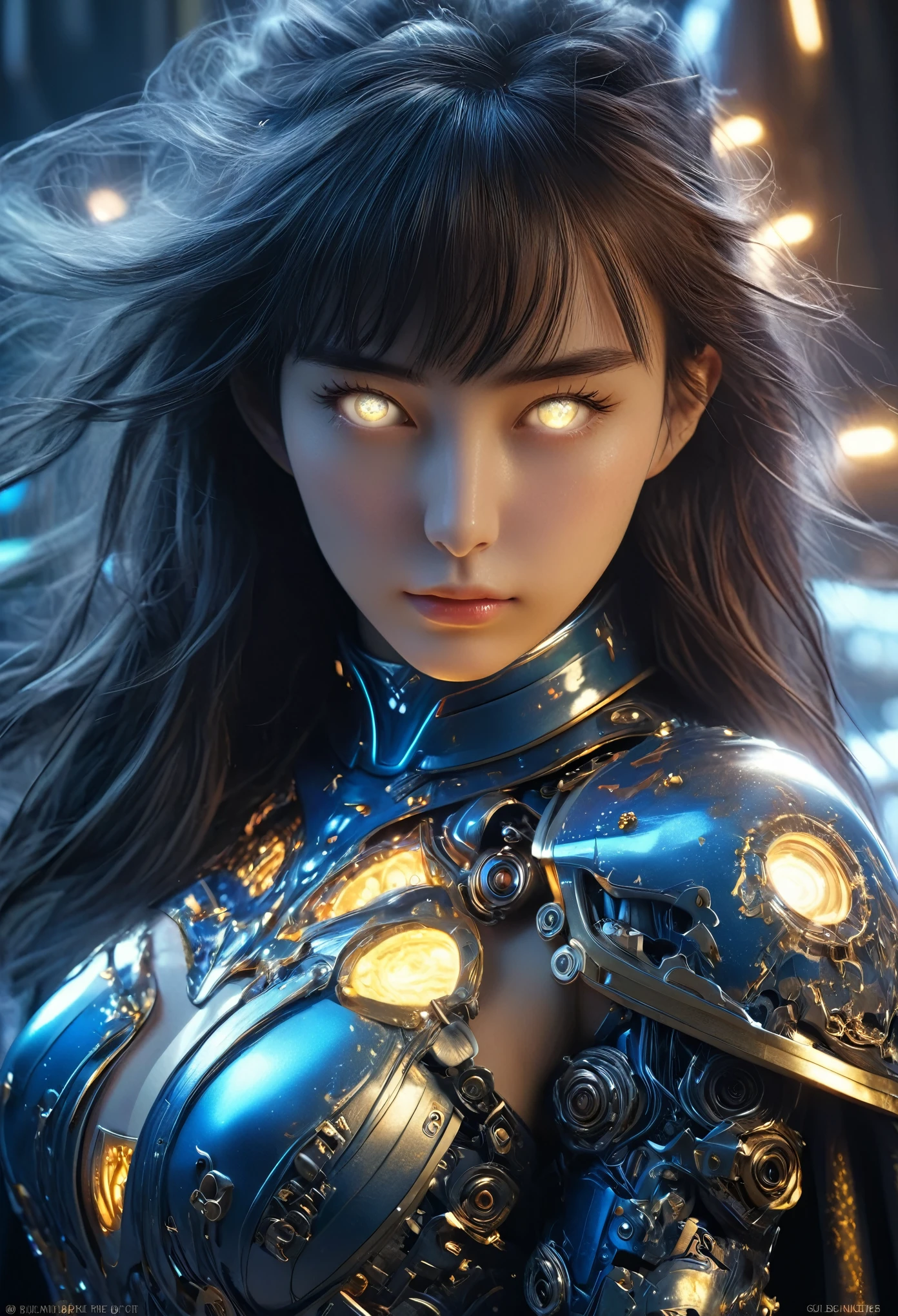 (Best Quality, 4K, 8K, High Resolution, Masterpiece: 1.2), (Super Detailed, Realistic, Photorealistic:1.37), A woman in futuristic clothing, Trending on cgstation, Trending on cgstation, (Portrait of a girl in the Knights of the Zodiac:1.4), blunt bangs, Cute Cyborg Girl, Perfect android girl, Portrait Astronaut Girl, Beautiful girl cyborg, (Girl wearing iridescent blue mechanical cyber armor:1.3), Game CG, cgsociety and fenghua zhong, Beautiful Cyborg Shrine Maiden, Bioluminescence, (Yua Yaiba:0.5), (Golden eyes:1.5), Anatomically correct grip, (Sharp and long claws:1.4), erotic and sexy, black, wearing A gorgeous cape with beautifully detailed embroidery, (beautiful tits, beautiful breasts, beautiful nipples:1.5), (NSFW:1.5)