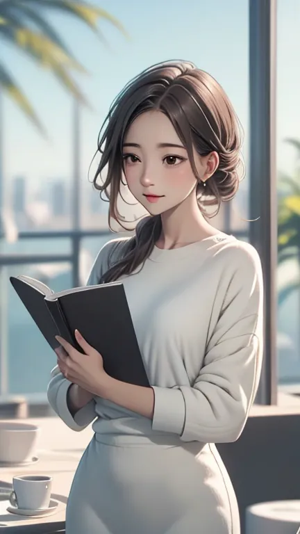 light color palettes,medium front shot, digital art painting . dreaming fresh art style,a single alone female office lady, charm...