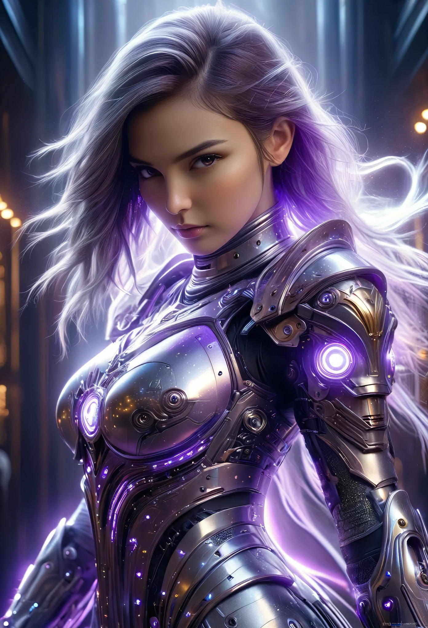 (Best Quality, 4K, 8K, High Resolution, Masterpiece: 1.2), (Super Detailed, Realistic, Photorealistic:1.37), A woman in futuristic clothing, (erotic and sexy:1.4), Trending on cgstation, Trending on cgstation, (Portrait of a girl in the Knights of the Zodiac:1.4), (blunt bangs:1.7), Cute Cyborg Girl, Perfect android girl, Portrait Astronaut Girl, Beautiful girl cyborg, Girl wearing iridescent purple and white mechanical cyber armor, Game CG, cgsociety and fenghua zhong, Beautiful Cyborg Shrine Maiden, Bioluminescence, (Gal Gadot:0.6), Anatomically correct grip, Anatomically correct four fingers and one thumb, (long claws:1.4), erotic and sexy, A gorgeous cape with beautifully detailed embroidery, energy ball