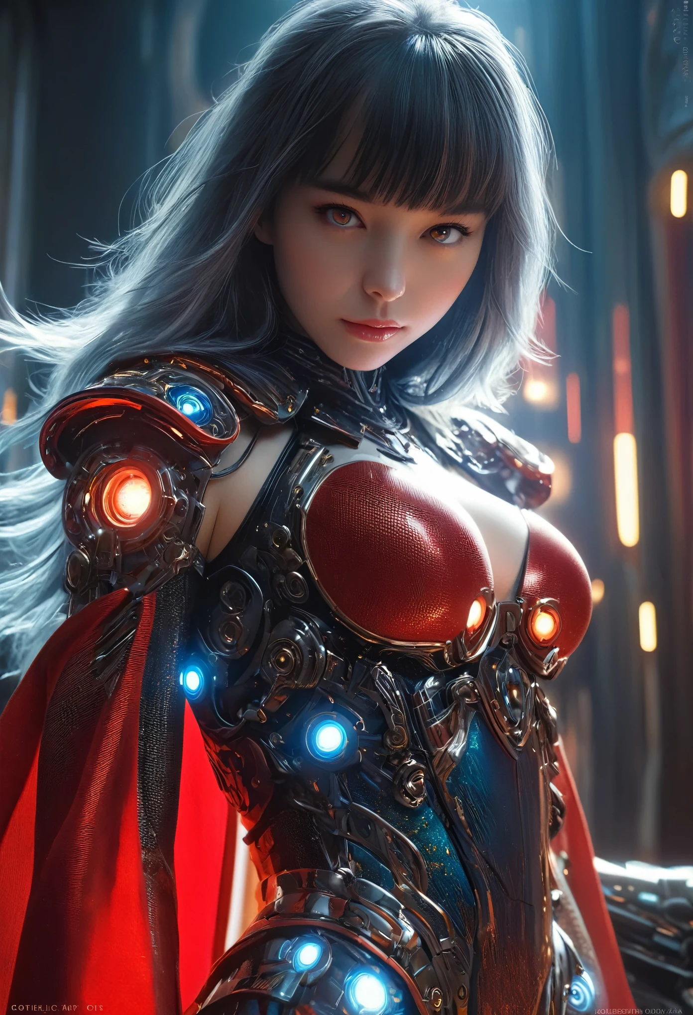 (Best Quality, 4K, 8K, High Resolution, Masterpiece: 1.2), (Super Detailed, Realistic, Photorealistic:1.37), A woman in futuristic clothing, Trending on cgstation, Trending on cgstation, (Portrait of a girl in the Knights of the Zodiac:1.4), blunt bangs, Cute Cyborg Girl, Perfect android girl, Portrait Astronaut Girl, Beautiful girl cyborg, (Girl wearing iridescent and red black white blue mechanical cyber armor:1.3), Game CG, cgsociety and fenghua zhong, Beautiful Cyborg Shrine Maiden, Bioluminescence, (Yua Yaiba:0.5), (Golden eyes:1.5), Anatomically correct grip, (Sharp and long claws:1.4), erotic and sexy, black, wearing A gorgeous cape with beautifully detailed embroidery, (beautiful tits, beautiful breasts, beautiful nipples:1.5), (NSFW:1.5)