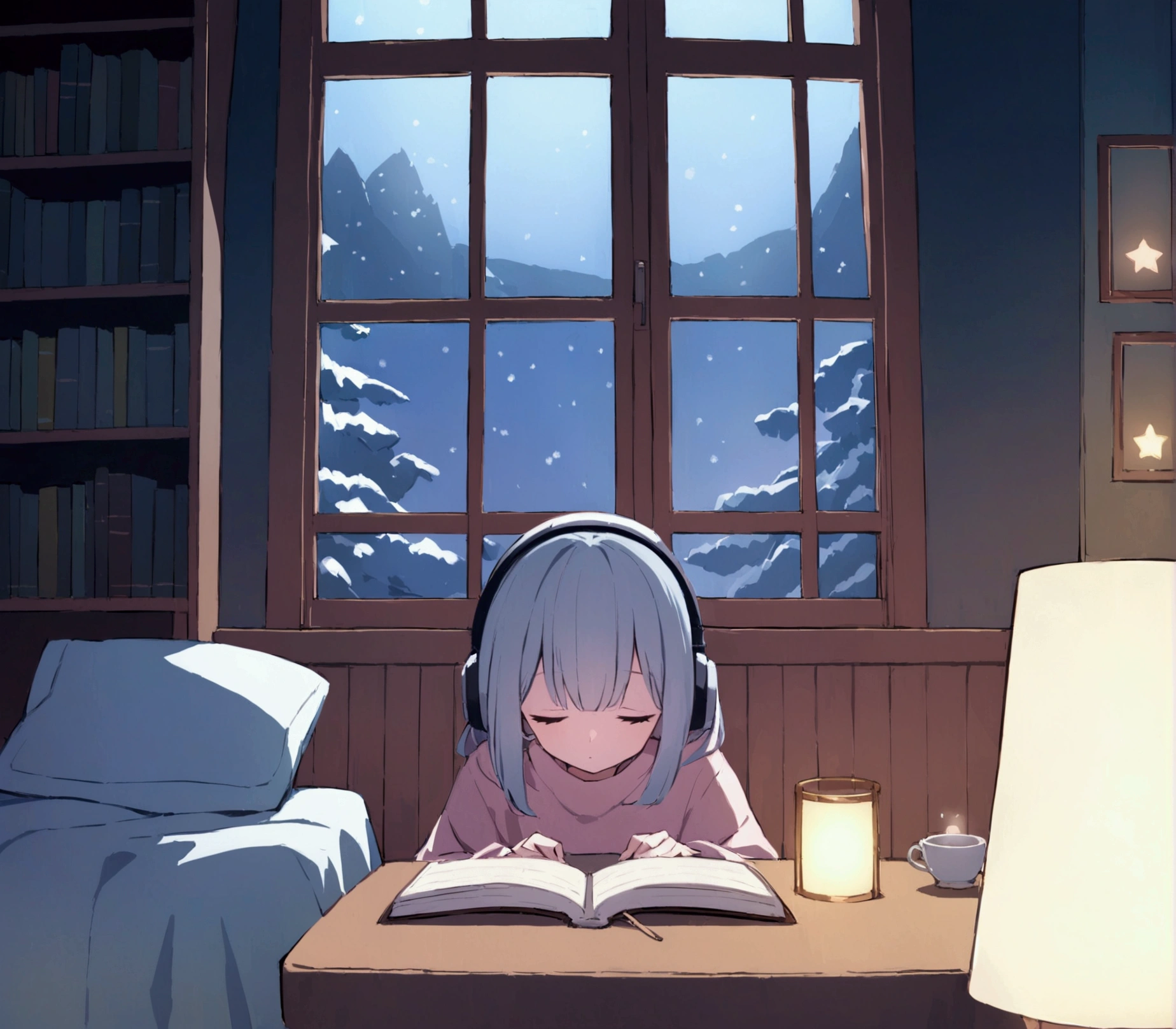 a lo-fi scene featuring a girl studying at her desk. She is wearing headphones and appears focused on her work. The room has a cozy atmosphere, with warm lighting casting a soft glow. Through a large window next to her, you can see snow gently falling outside, covering the landscape in a peaceful blanket. It is nighttime, with the dark sky providing a serene backdrop to the snow. The room is filled with subtle details like books, a cup of tea, and a softly glowing lamp, emphasizing the calm and peaceful vibe of the scene.