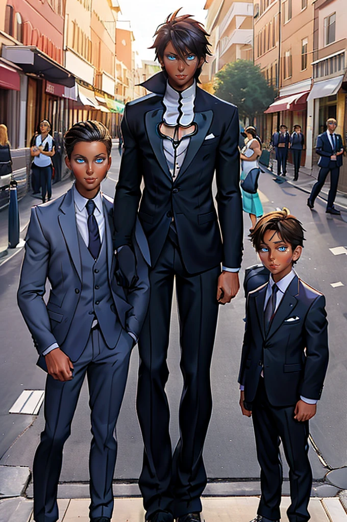 Tall wife in the middle, short husband in the left, short son in the right, beautiful faces, wife is wearing suit and pants, wife has big , wife is showing cleavage, wife is ripped, wife's suit has a belly button cutout, wife has ripped visible abs, make the girls even more taller than the boys, boys are very thin and weak, boys wearing suit and pants, wife is standing barefoot, boys are wearing office shoes