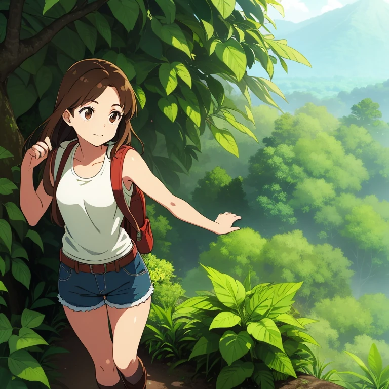 Masterpiece, best quality, high quality, 1young woman, Solo, from above, head tilt, looking to the side, wears hiking backpack, upper body, close up, has Brown eyes, has Brown Long hair, swept bangs, wears ribbed white tank top with jean shorts, wears baggy socks with hiking boots, has small breasts, toned arms, happy expression, standing in the hiking trail, jungle canopy, dirt oath, tropical plants, fronds, ferns, colorful flowers in the jungle, trees, leaves overhead, sunny day