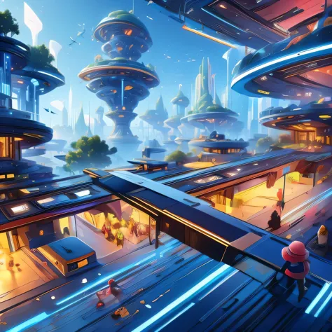 child-friendly future city design，futuristic building，futuristic，children's style，disney style