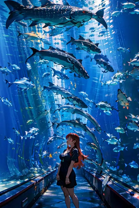 1girl,solo,cute,gigantic breast,cleavage,long red and blue hair,red eyes,she look fish,at aquarium,brilliant fishes in aquarium,