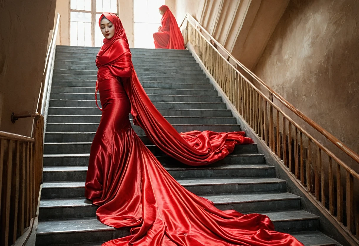 A woman shrouded in a 4-meter-long, plush red satin cloth, tightly bound and grandly draping along the form of her body, flowing off into a pooled floor-length train, styled in a mermaid-inspired outfit, her head modestly veiled in a satin hijab, tall woman, walk in stair, a full-body pose conveying a sense of mysterious elegance, captured in a 4k resolution, ultra-realistic