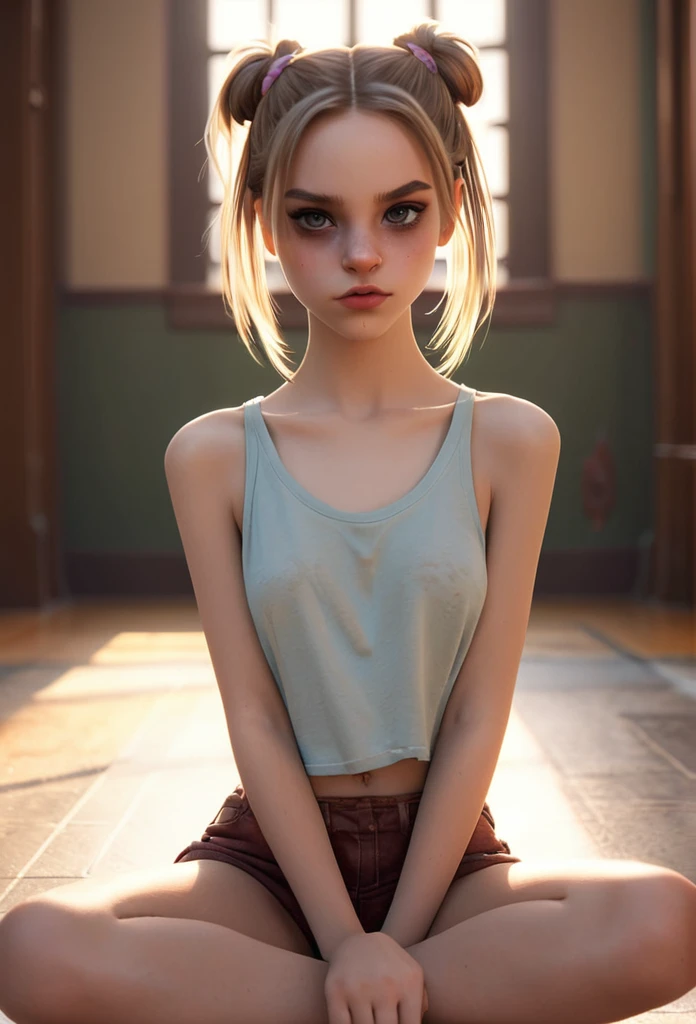 Harley Quinn, (Cinematic photo: 1.3) From (really: 1.3), (comfortable: 1.3) Beautiful 12 year old girl, (difficult messy bun of light brown hair), высокодеталFromированная текстура кожи, skinny shoulders, realistic texture кожи, looks straight into the camera, (whole body shot, Knee to head), (looks at the viewer), pout, pastel, Shine, Dramatic, Dreamy, pastelный цветочный сад, Thin, skinny, gentle, Высокая деталFromация, difficult, digital painting, Fantasy theme,skinny , bare belly, Fantasy concept art , Fantasy Characters, Beautiful teenage girl, Perfect body, highly detailed full-length shot, sitting, widely opened legs, shot focus on the crotch, Dreamy, pastel, watercolor, strange, gentle, highly detailed texture, realistic texture, digital painting, высокодеталFromированная фотография (art deco: 1.3), (ФотореалFromм: 1.3), (Классический реалFromм: 1.3), (Fujifilm Superia: 1.3), Natural, golden hour light