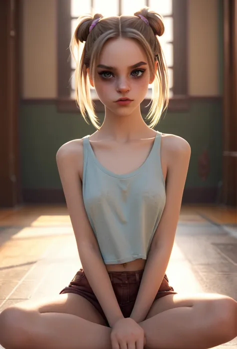 harley quinn, (cinematic photo: 1.3) from (really: 1.3), (comfortable: 1.3) beautiful 12 year old girl, (difficult messy bun of ...