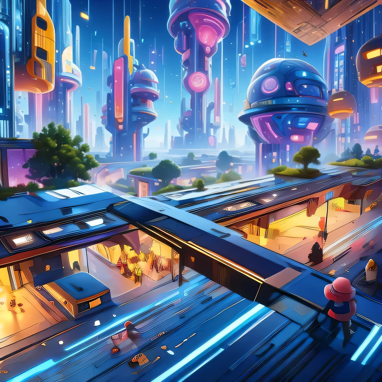 Child-friendly future city design，Futuristic building，Futuristic，Children's style，Disney style