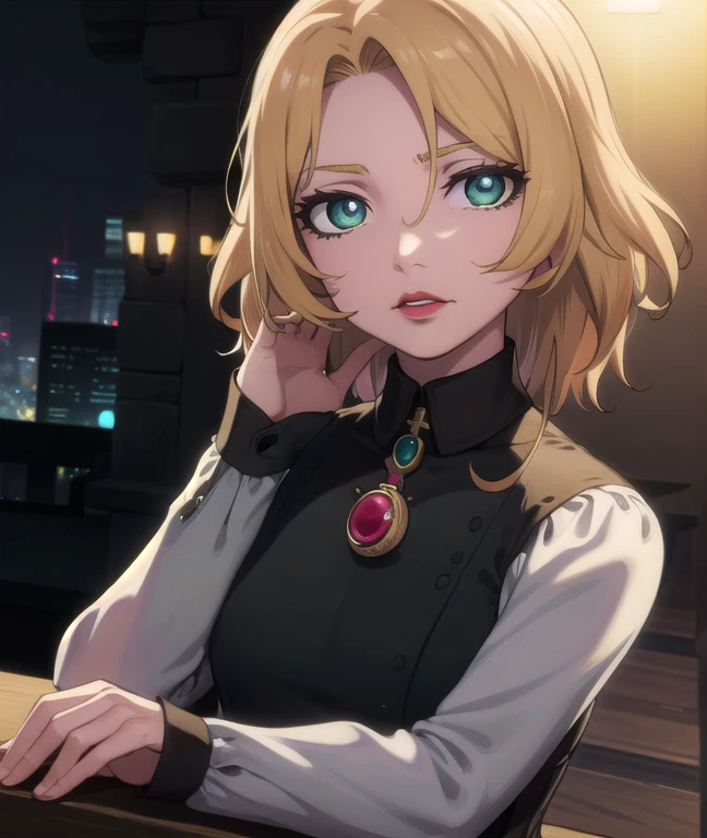 castlevaniatera, castlevaniatera, (green eyes:1.5), blonde hair, short hair, parted bangs, lipstick, red lipstick,
BREAK shirt, long sleeves, brooch, clothes around waist, black shirt, collar, corset,
BREAK looking at viewer, upper body, full body,
BREAK outdoors, night, sky,
BREAK (masterpiece:1.2), best quality, high resolution, unity 8k wallpaper, (illustration:0.8), (beautiful detailed eyes:1.6), extremely detailed face, perfect lighting, extremely detailed CG, (perfect hands, perfect anatomy),