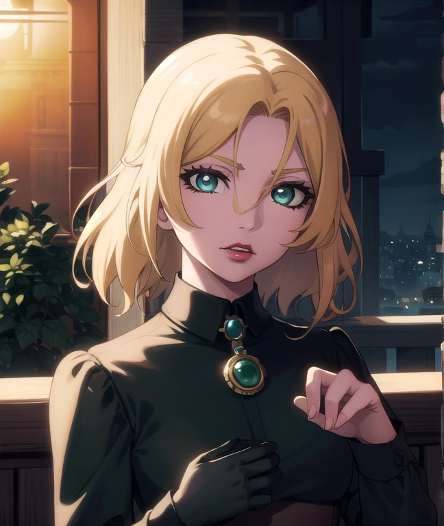 castlevaniatera, castlevaniatera, (green eyes:1.5), blonde hair, short hair, parted bangs, lipstick, red lipstick,
BREAK shirt, long sleeves, brooch, clothes around waist, black shirt, collar, corset,
BREAK looking at viewer, upper body, full body,
BREAK outdoors, night, sky,
BREAK (masterpiece:1.2), best quality, high resolution, unity 8k wallpaper, (illustration:0.8), (beautiful detailed eyes:1.6), extremely detailed face, perfect lighting, extremely detailed CG, (perfect hands, perfect anatomy),