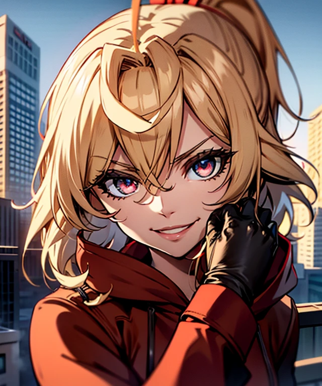 1 Girl、solo、Wearing a red hoodie、Wear leather gloves、Blonde ponytail、Ahoge、Beautiful red eyes、smile、Highly detailed face、Upper body close-up、Ultra-detailed illustrations、Golden Hour Sky、Skyscraper rooftop