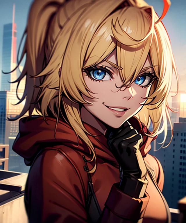 1 Girl、solo、Wearing a red hoodie、Wear leather gloves、Blonde ponytail、Ahoge、Beautiful red eyes、smile、Highly detailed face、Upper body close-up、Ultra-detailed illustrations、Golden Hour Sky、Skyscraper rooftop