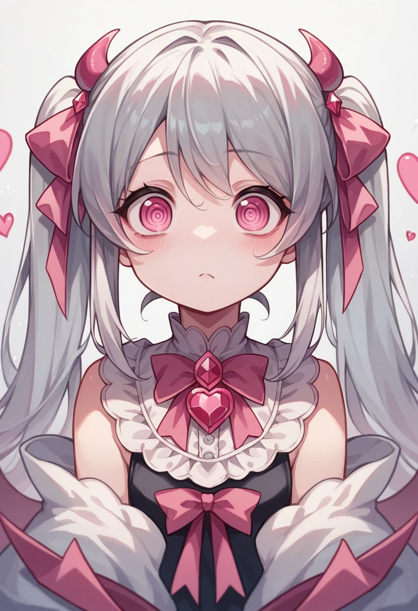 kawaii,cute,very cute,pink,ribbon,devil,Gray Hair,Jewel-like eyes,Pink Eyes,girl,danger,cruel,heart,Twin tails,Confused eyes,Silky Hair,devilっ娘,pink vitamin clothes,