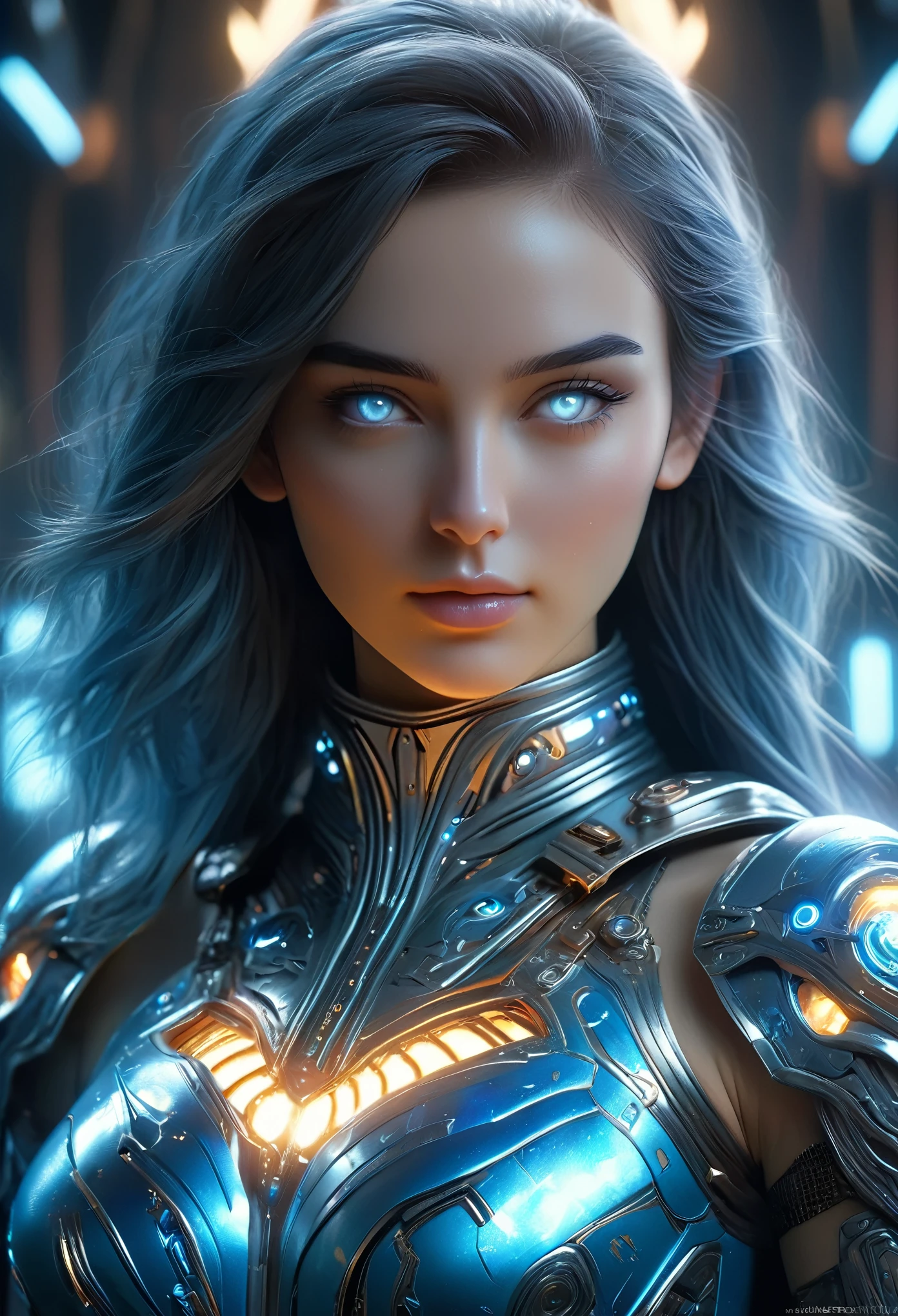 (Best Quality, 4K, 8K, High Resolution, Masterpiece: 1.2), (Super Detailed, Realistic, Photorealistic:1.37), A woman in futuristic clothing, (erotic and sexy:1.4), Trending on cgstation, Trending on cgstation, (Portrait of a girl in the Knights of the Zodiac:1.4), (blunt bangs:1.7), Cute Cyborg Girl, Perfect android girl, Portrait Astronaut Girl, Beautiful girl cyborg, Girl wearing iridescent sky blue mechanical cyber armor, Game CG, cgsociety and fenghua zhong, Beautiful Cyborg Shrine Maiden, Bioluminescence, (Gal Gadot:0.6), Anatomically correct grip, Anatomically correct four fingers and one thumb, (long claws:1.4), erotic and sexy, A gorgeous cape with beautifully detailed embroidery, energy ball