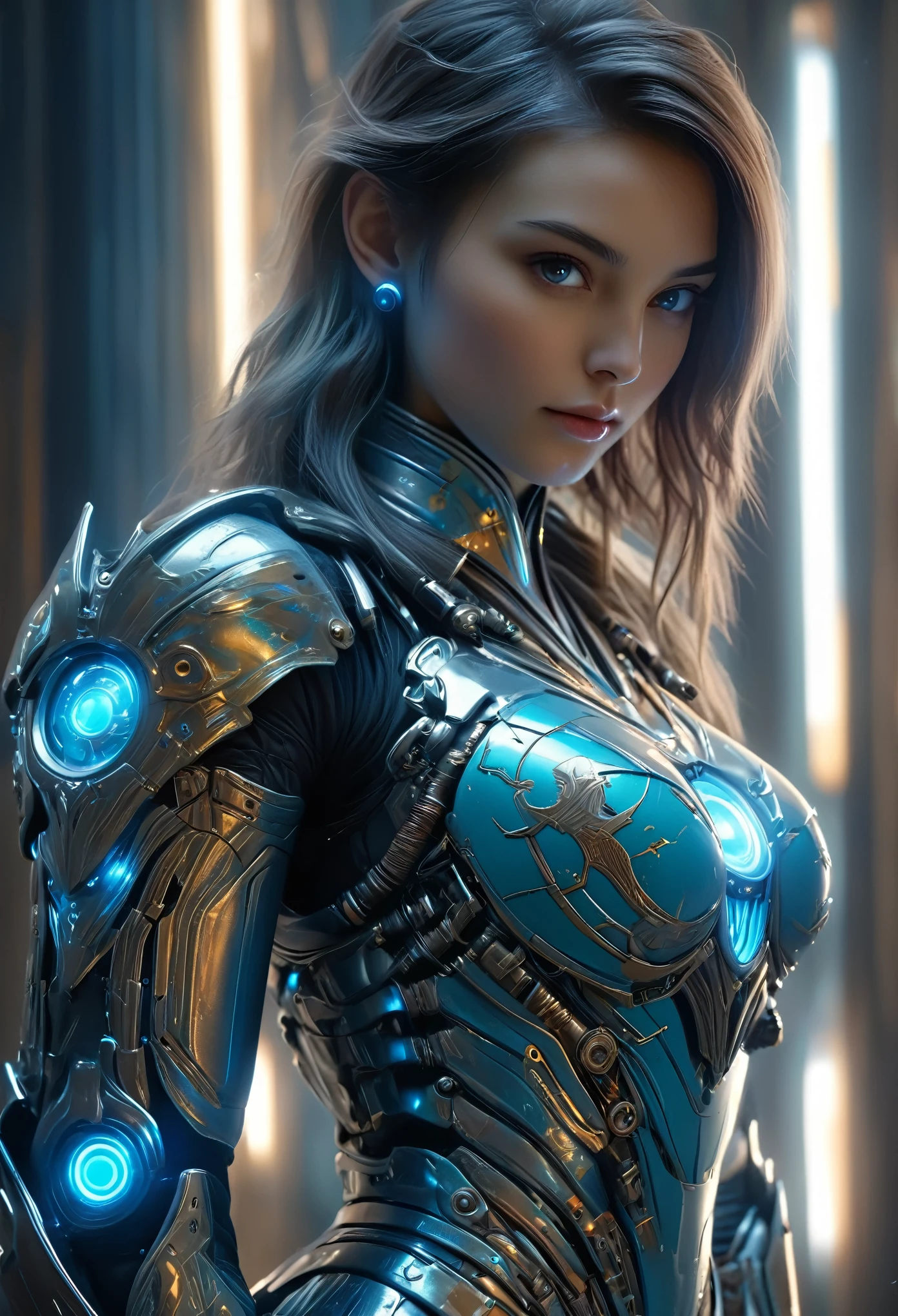 (Best Quality, 4K, 8K, High Resolution, Masterpiece: 1.2), (Super Detailed, Realistic, Photorealistic:1.37), A woman in futuristic clothing, (erotic and sexy:1.4), Trending on cgstation, Trending on cgstation, (Portrait of a girl in the Knights of the Zodiac:1.4), (blunt bangs:1.7), Cute Cyborg Girl, Perfect android girl, Portrait Astronaut Girl, Beautiful girl cyborg, Girl wearing iridescent sky blue mechanical cyber armor, Game CG, cgsociety and fenghua zhong, Beautiful Cyborg Shrine Maiden, Bioluminescence, (Gal Gadot:0.6), Anatomically correct grip, Anatomically correct four fingers and one thumb, (long claws:1.4), erotic and sexy, A gorgeous cape with beautifully detailed embroidery, energy ball