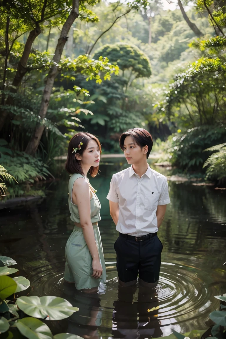 there are two people standing In the forest with plants, Artwork in the style of gouache, Inspiration from Yan Juncheng, In the forestเขตร้อน, By Yang J, In the art form of the pond, 🌺 cgsociety, Loisch and Ross Tran, In the forest, By Nithian, By Ryan Yee, Greedy and failed