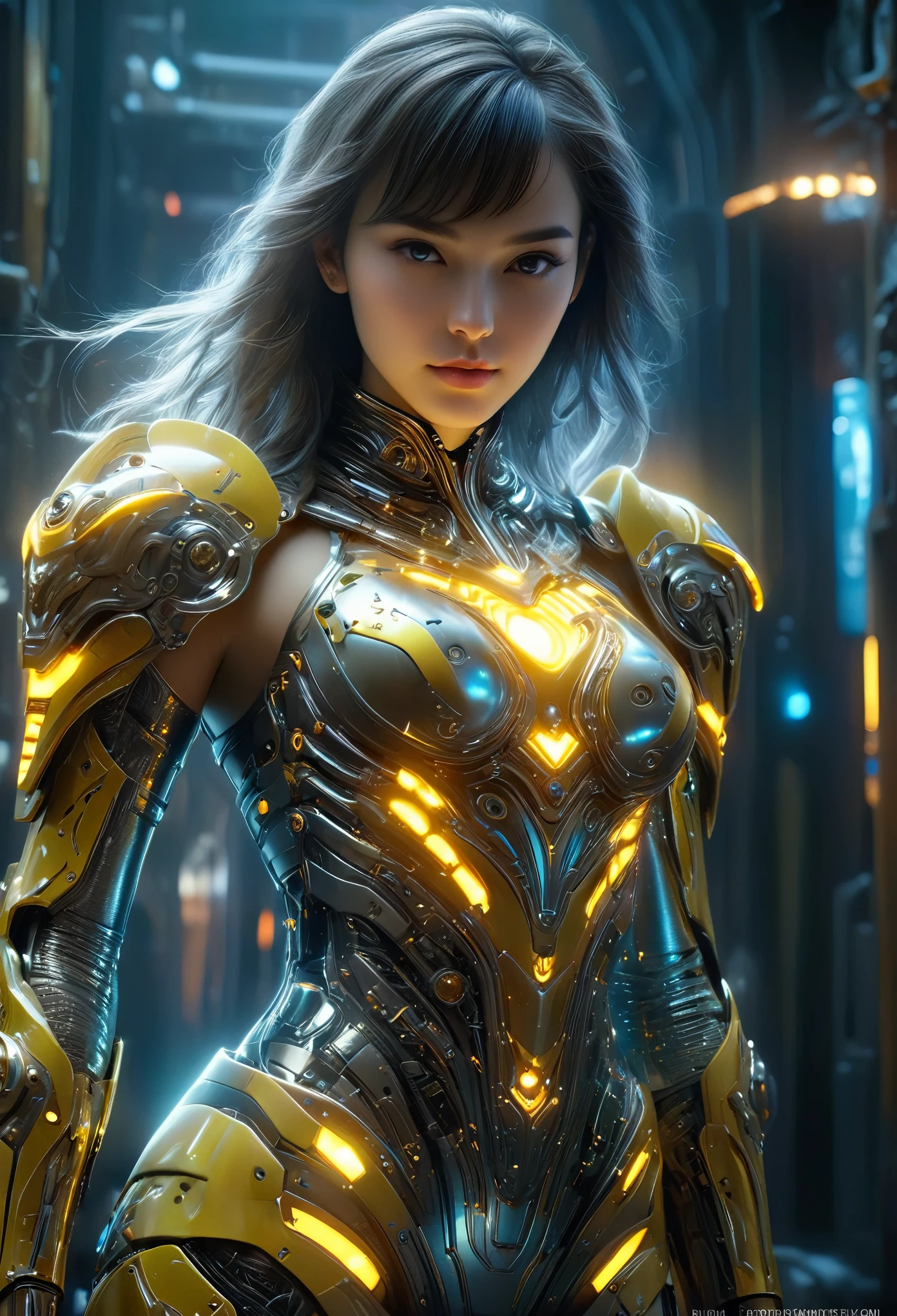 (Best Quality, 4K, 8K, High Resolution, Masterpiece: 1.2), (Super Detailed, Realistic, Photorealistic:1.37), A woman in futuristic clothing, (erotic and sexy:1.4), Trending on cgstation, Trending on cgstation, (Portrait of a girl in the Knights of the Zodiac:1.4), (blunt bangs:1.7), Cute Cyborg Girl, Perfect android girl, Portrait Astronaut Girl, Beautiful girl cyborg, Girl wearing iridescent yellow mechanical cyber armor, Game CG, cgsociety and fenghua zhong, Beautiful Cyborg Shrine Maiden, Bioluminescence, (Gal Gadot:0.6), Anatomically correct grip, Anatomically correct four fingers and one thumb, (long claws:1.4), erotic and sexy, A gorgeous cape with beautifully detailed embroidery, energy ball