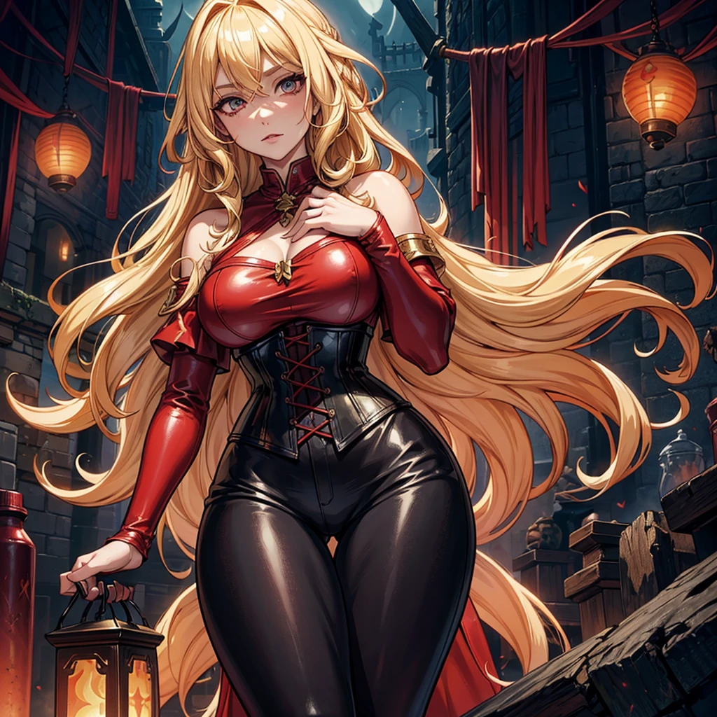 A sorceress girl, Long, curly, blonde hair that reaches the shoulders, fantasy medieval, red blouse with lanterns on the shoulders, black leather pants, corset on the torso, big breasts, bust covered by a shirt, Eye Map, pale skin. Dark Fantasy
