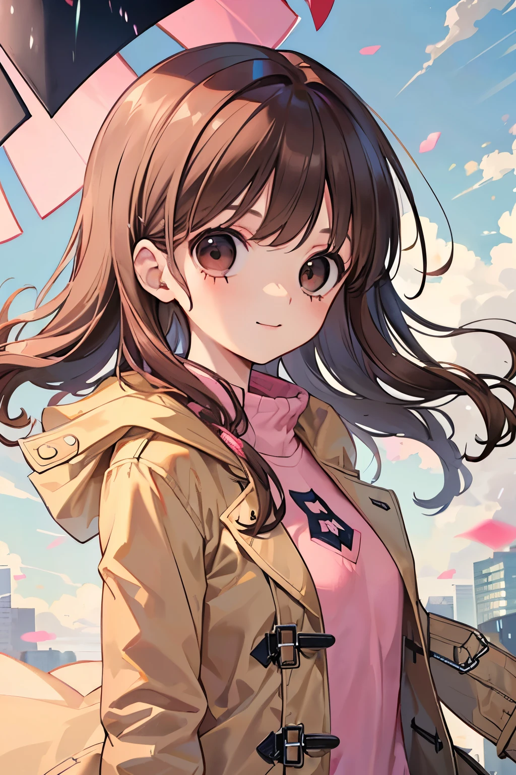 beautiful cute girl,((brown hair:1.2)),(Medium wave hair:1.1),(beige eyes:1.2),(clear pink rain-coat:1.25),(hurricane:1.2),(My hair and coat are swaying in the strong winds of a typhoon:1.3),close-up Face,smile