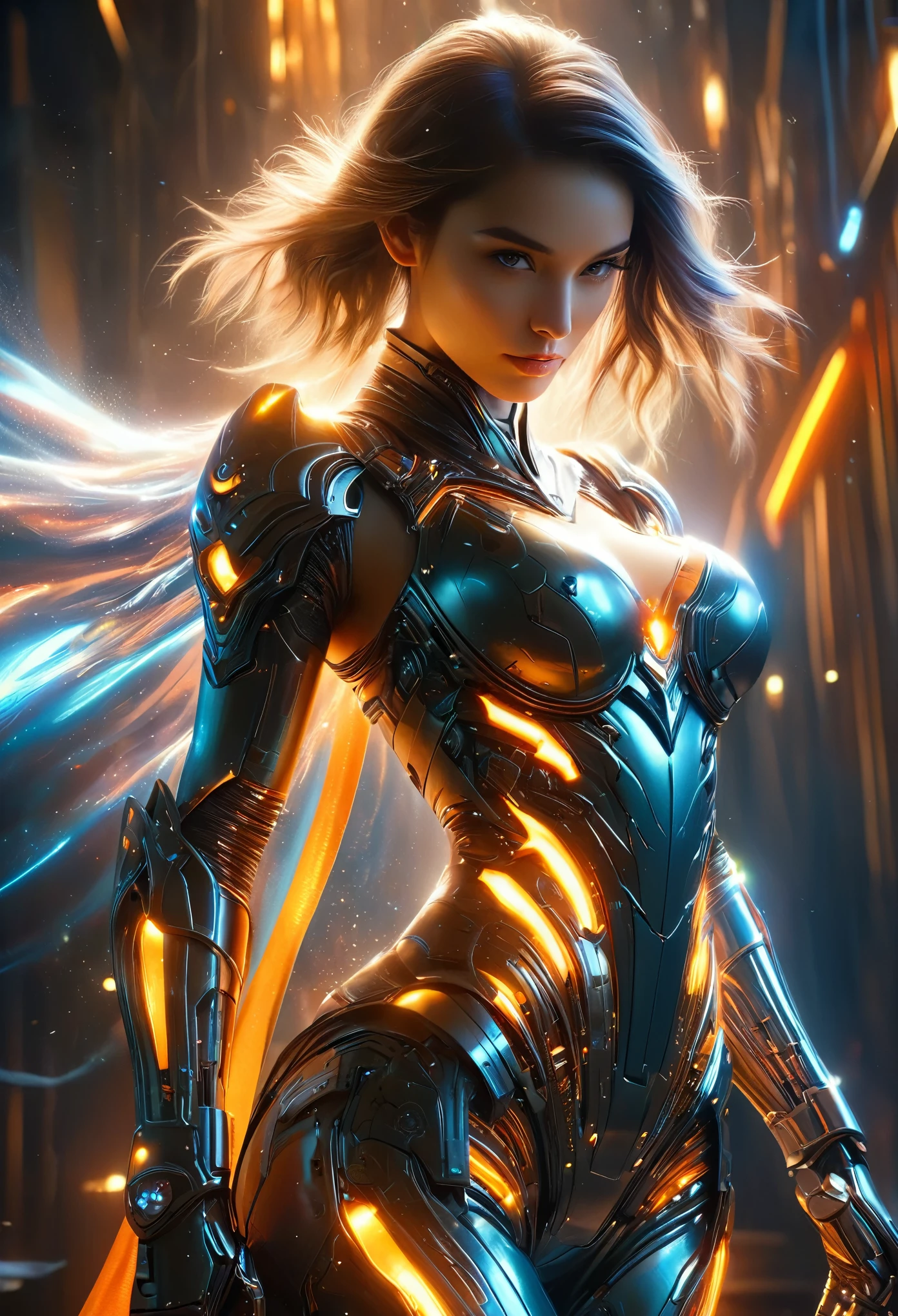 (Best Quality, 4K, 8K, High Resolution, Masterpiece: 1.2), (Super Detailed, Realistic, Photorealistic:1.37), A woman in futuristic clothing, (erotic and sexy:1.4), Trending on cgstation, Trending on cgstation, (Portrait of a girl in the Knights of the Zodiac:1.4), (blunt bangs:1.7), Cute Cyborg Girl, Perfect android girl, Portrait Astronaut Girl, Beautiful girl cyborg, Girl wearing iridescent and orange mechanical cyber armor, Game CG, cgsociety and fenghua zhong, Beautiful Cyborg Shrine Maiden, Bioluminescence, (Gal Gadot:0.6), Anatomically correct grip,  Anatomically correct grip, (Sharp and long claws:1.4), erotic and sexy, black, wearing A gorgeous cape with beautifully detailed embroidery