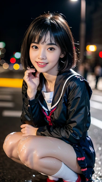 (A youthful gorgeous Japanese idol, wearing a wet (Seifuku:1.2), Wet (Serafuku1:2), school uniform, sailor moon, jk uniform, high-school uniform, pleated mini-skirt, red ribbon, red bowtie, sailor hat, knee-high socks, BTTF_Sneakers, Tokyo Shibuya, Scramble Crossing, city street, night sky, squatting, or sitting with legs closed,

(RAW shooting),(Vibrant color saturation),1 girl,20-year-old,flat bangs、smiling、Blurred background,lace dress、night view、light up、Princess-like, sexy, big breasts,

Easygoing expressions, kind smile, dimpled cheek, cute snaggle-tooth, short bob hair, double ponytail, symmetrical face, realistic detailed face, beautiful eyes, beautiful detailed eyes, long legs, perfect body proportions, hourglass figure, ample round bosoms, hig breasts,

Raw photo, photorealistic, realistic portrait, hyper-realism, high contrast, ultra HD, UHD,  realistic skin textures, top image quality, top-quality, super high resolution, fine details, very meticulously, masterpiece, vivid colours, medium shot, close-up shot, cowboy shot, High Angle Shot, Professional Lighting, bokeh_background, SFW, Safe For Work)