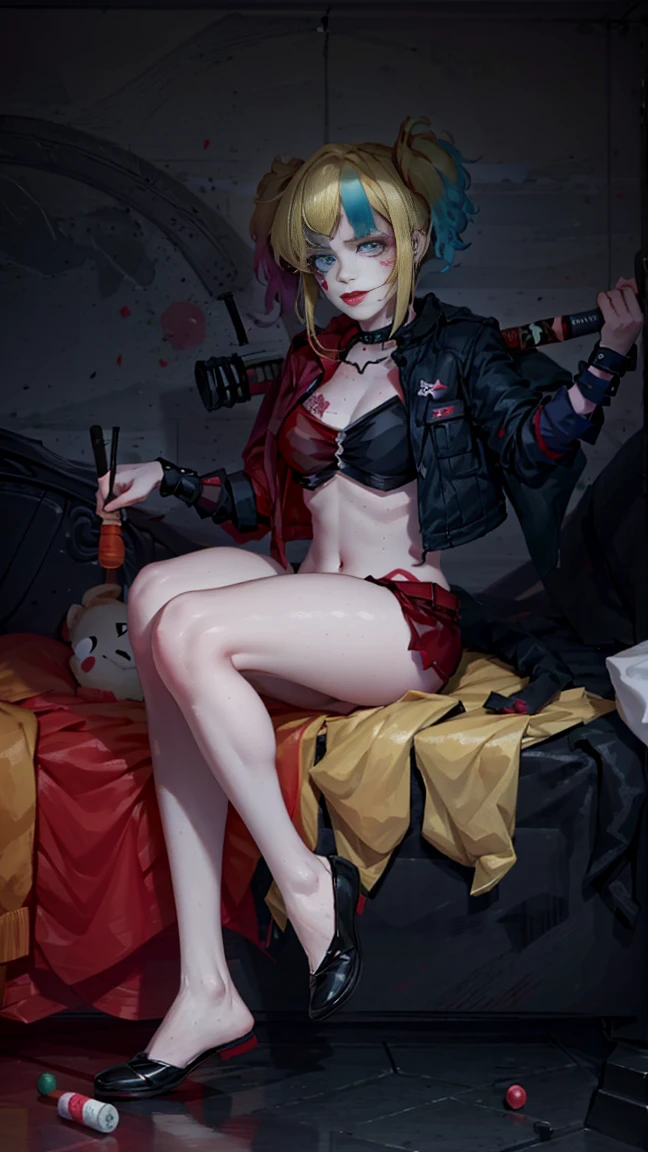 Harley Quinn from Suicide Squad, (((triple D cup breasts))), holds baseball bats behind his neck, big ass, full body dress, hide, slender body, short hair, sexy eyes, foreground, I look at the viewer, 8 K, high quality , very detailed eyes, Long face, Cyberrealism, beautiful eyes, realistic, Cabelos de high quality, inclined, room , portrait, Perfect eyes , silky hair, slender body, hair on one side, Hot lips, eyes are the same size, Young face, high legs, very detailed eyes, shiny body, tattoos, pink hair, detailed eyes, freckles, Eyes of the same color,  sexual, face to face, big breasts, split, big breasts, blushing, masturbation, lying, lie on the bed, flowers, Grab your breasts, sit on a box in abandoned fabric, lower chest, visible navel,