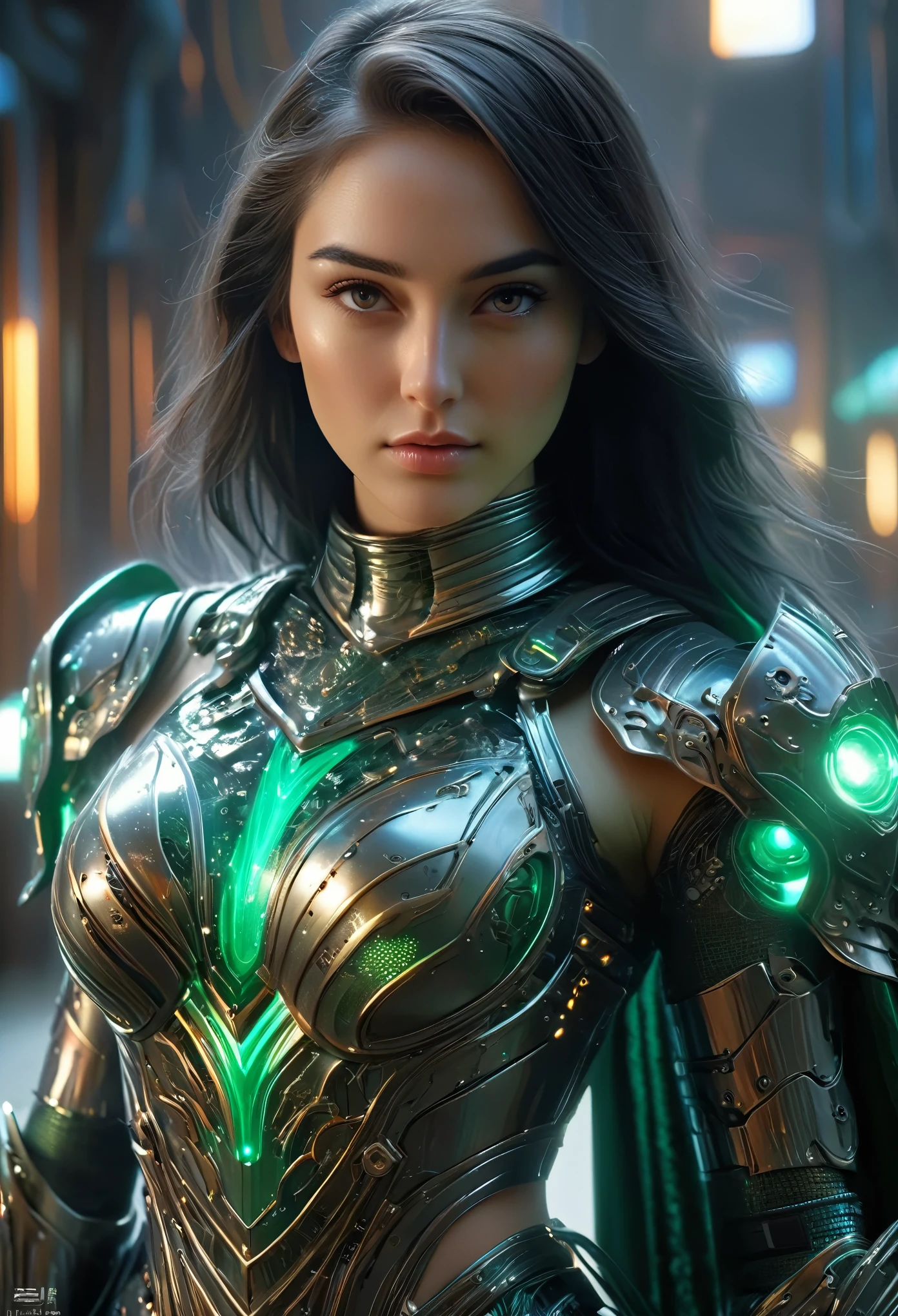 (Best Quality, 4K, 8K, High Resolution, Masterpiece: 1.2), (Super Detailed, Realistic, Photorealistic:1.37), A woman in futuristic clothing, (erotic and sexy:1.4), Trending on cgstation, Trending on cgstation, (Portrait of a girl in the Knights of the Zodiac:1.4), (blunt bangs:1.7), Cute Cyborg Girl, Perfect android girl, Portrait Astronaut Girl, Beautiful girl cyborg, Girl wearing iridescent and emerald mechanical cyber armor, Game CG, cgsociety and fenghua zhong, Beautiful Cyborg Shrine Maiden, Bioluminescence, (Gal Gadot:0.6), Anatomically correct grip,  Anatomically correct grip, (Sharp and long claws:1.4), erotic and sexy, black, wearing A gorgeous cape with beautifully detailed embroidery