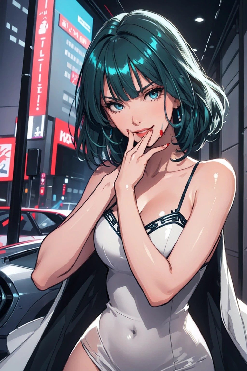 1girl,a beautiful fashion model ,(masterpiece, detailed background, best quality),short and shiny hair, blue green hair, hair with highlights, bangs, smirk,juicy lips,red lips, calmart, lingerie, stripping, elegant makeup, blue eyes, full body shot, (shiny skin), cyberpunk, sci fi, boa, extravagant jewelry, cocky expression, covered in jewelry, fancy, white dress, ((hand covering mouth, smug, discrete laughter)), perfect hand, five fingers