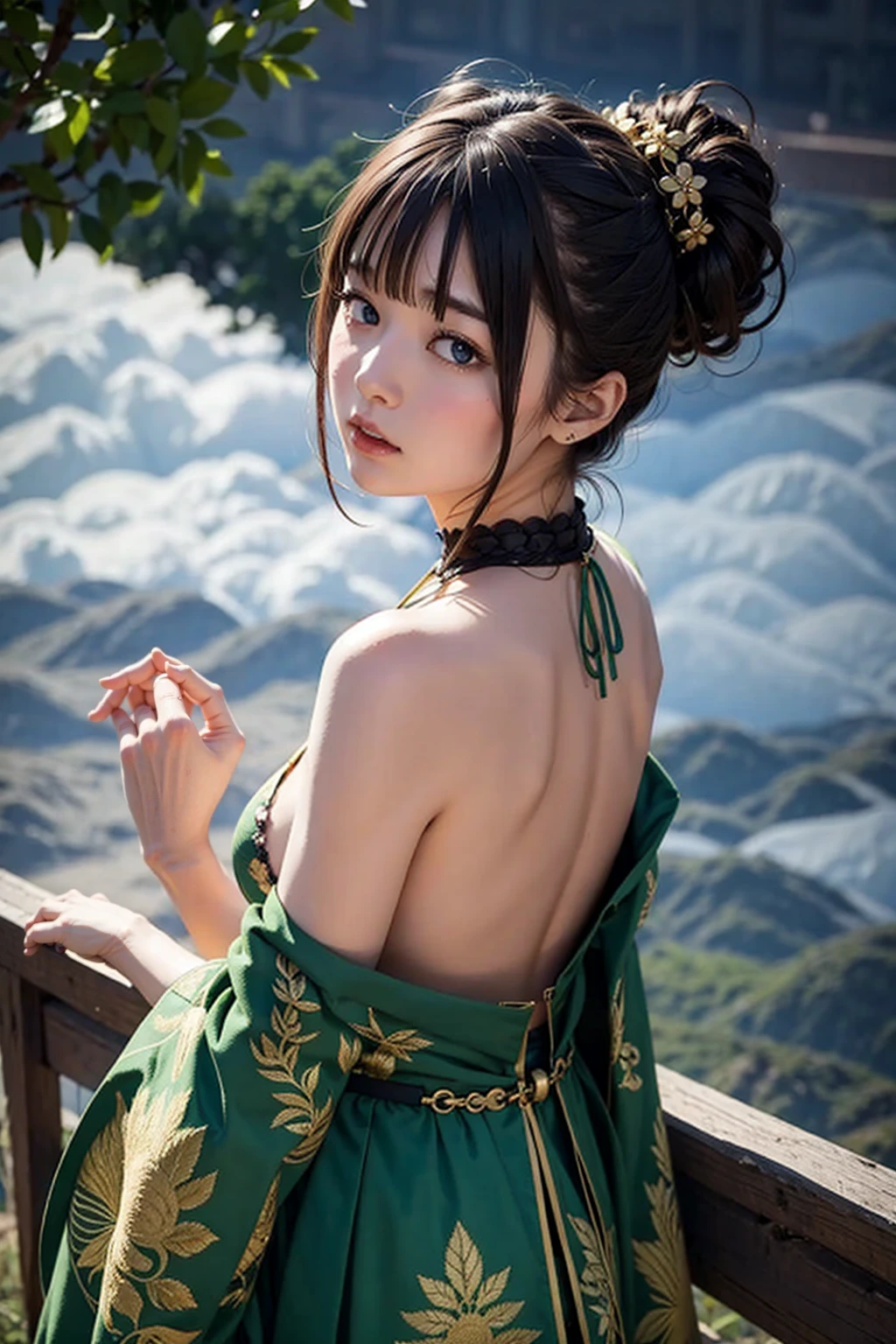 night、Above the Clouds、back、hair ornaments、Green collar、Big Breasts