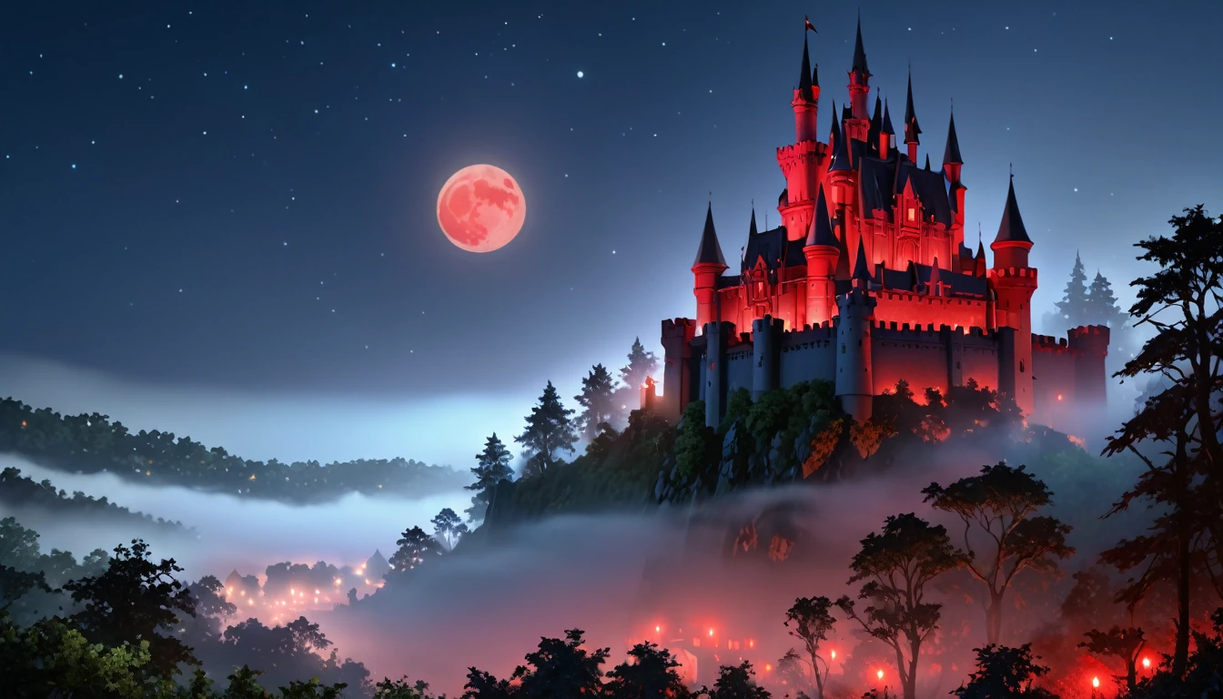 a picture of mist covered fantasy castle at night, half covered by the ((mist: 1,5)), mist ((covers half the castle: 1.5)), fog hides most of the castle  a dark fantasy castle, (goth castle: 1.4), with towers and (red light : 1.4) coming out of the windows, the castle sits on a hill with few trees, the ((mist covers the ground and some of the castle)), it is night time, the blue moon is full, dynamic color moon, some stars, dark fantasy forest,  (best details, Masterpiece, best quality :1.5), ultra best realistic pictures , best details, best quality, 16k, [ultra detailed], masterpiece, best quality, (extremely detailed), ultra wide shot, photorealism, depth of field,