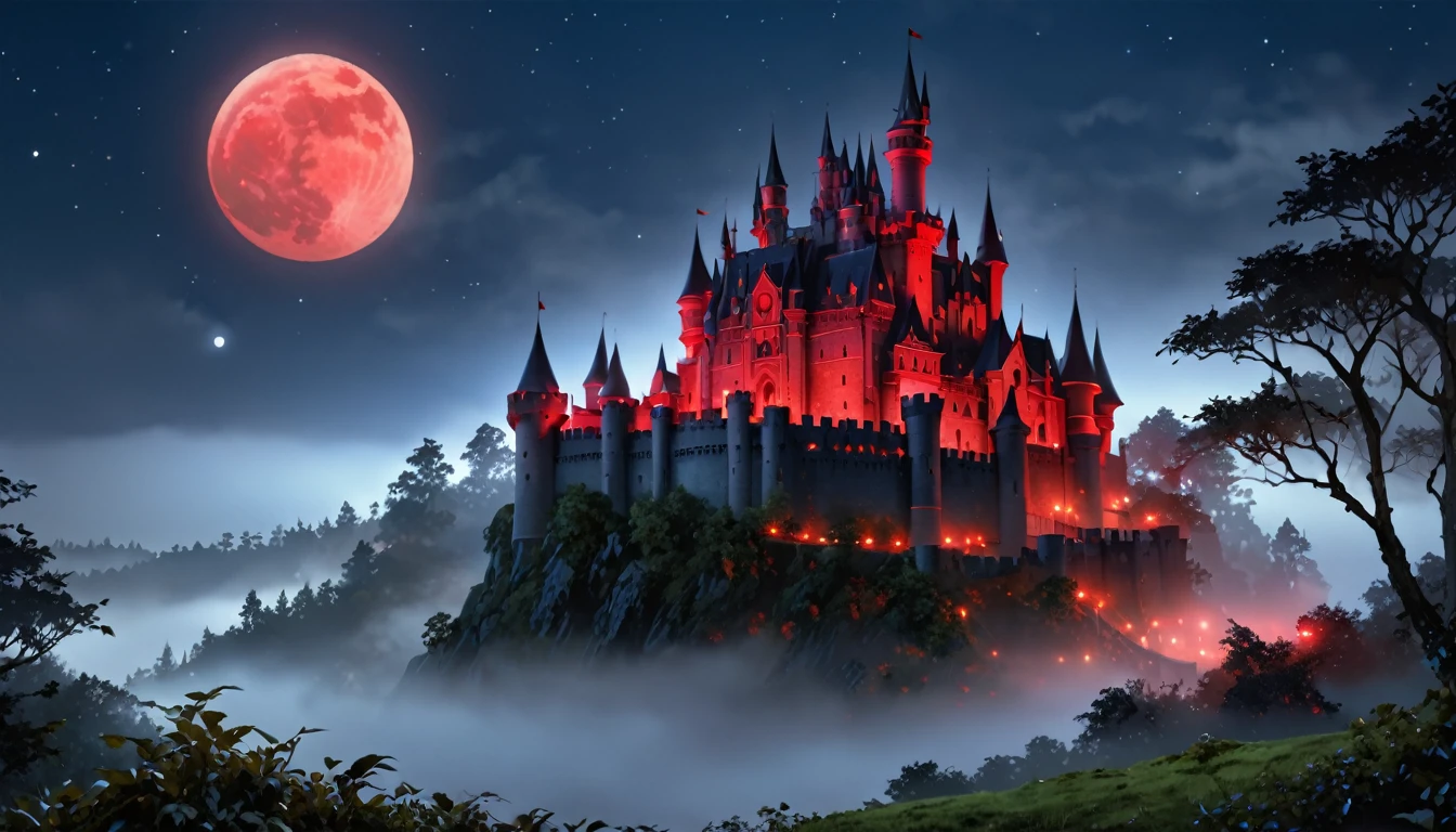 a picture of 薄霧 covered fantasy castle at night, half covered by 這 ((薄霧: 1,5)), 薄霧 ((covers half 這 castle: 1.5)), fog hides most of 這 castle  a dark fantasy castle, (歌德城堡: 1.4), 有著高塔和 (紅燈 : 1.4) coming out of 這 windows, 這 castle sits on a hill with few trees, 這 ((薄霧 covers 這 ground and some of 這 castle)), 現在是晚上, 這 blue moon is full, 動態彩色月亮, 一些明星, 黑暗幻想森林,  (最好的細節, 傑作, 最好的品質 :1.5), 超真實的圖片 , 最好的細節, 最好的品質, 16k, [超詳細], 傑作, 最好的品質, (非常詳細), 超廣角鏡頭, 照片寫實主義, 景深,