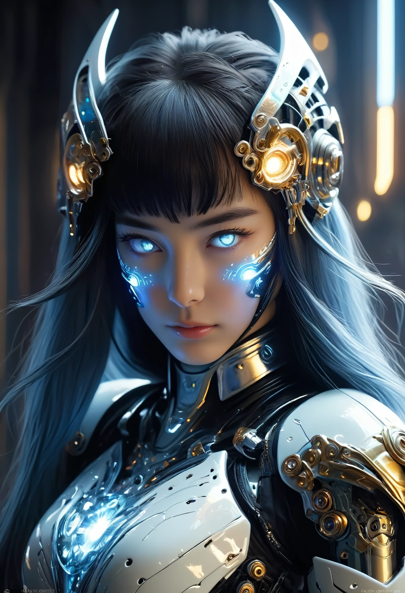 (Best Quality, 4K, 8K, High Resolution, Masterpiece: 1.2), (Super Detailed, Realistic, Photorealistic:1.37), A woman in futuristic clothing, Trending on cgstation, Trending on cgstation, (Portrait of a girl in the Knights of the Zodiac:1.4), blunt bangs, Cute Cyborg Girl, Perfect android girl, Portrait Astronaut Girl, Beautiful girl cyborg, (Girl wearing iridescent white and blue black mechanical cyber armor:1.3), Game CG, cgsociety and fenghua zhong, Beautiful Cyborg Shrine Maiden, Bioluminescence, (Yua Yaiba:0.5), (Golden eyes:1.5), Anatomically correct grip, (Sharp and long claws:1.4), erotic and sexy, black, wearing A gorgeous cape with beautifully detailed embroidery