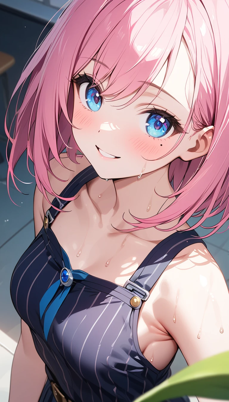 (1 girl),(Best Picture Quality, 8K, Masterpiece:1.3), (high school student:1.5), ((pink lob hair:1.1)), (bob cut),(swept bangs), (cute eyes, pupil black, iris skyblue, youthful face), (mole under right eye), (standard weight), (small breasts), (glistening skin:1.3),(pale skin:1.2),(sweaty skin:1.2),(Smile),BREAK blamagi.