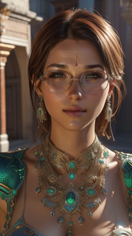 In the courtyard of the temple. Short, Red hair, green eyes, smile, girl 15 years old, metal frame glasses. (masterpiece, top quality, Best quality, official art, beautiful and aesthetically pleasing:1.2), extremely detailed,(fractal art:1.2),colorful,The most detailed, (dynamic pose), (Many colors:1.4). ((split. skin texture, Shiny skin. elegance. photorealism. unreal engine. 3D model. Ultra high quality textures. high detail. permission 8k))