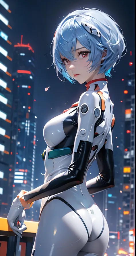 (realistic, photorealistic), ayanami_wang, 1girl in, blue short hair, white hair ornament, ((white bodysuit, gloves)), saihar bo...