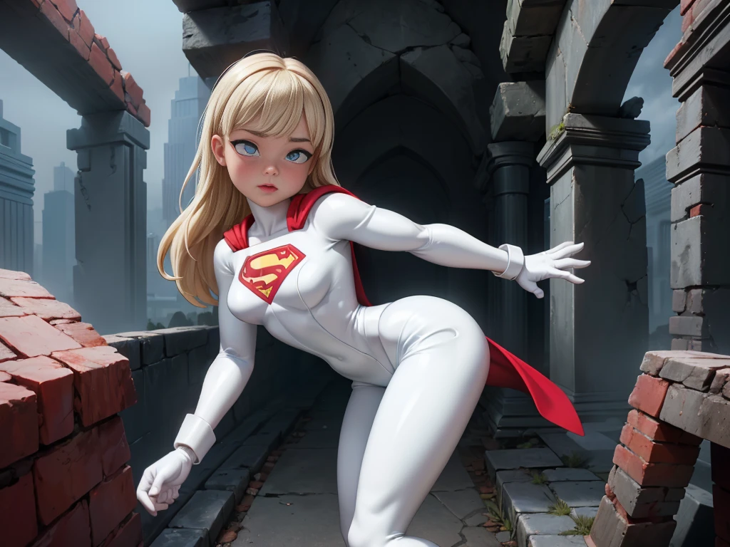 8K, Ultra HD, super details, high quality, high resolution. The heroine Supergirl looks beautiful in a full-length photo,(mini skirt white :1.4, her body is sculptural, her long wavy blonde hair is radiant in a perfect combination with her white skin, her bright blonde eyes mesmerize everyone. She is wearing her heroine outfit, a red skirt with a yellow belt, a very tight blue t-shirt with a big red S on the chest, Elta also wears a red cape and red boots. she looks very sexy drawing attention to her big breasts and thick legs as she flies through the sky.,(Fondo de ruinas de mazmorra en ruinas cyberpunk :1.4 ), (supergils superman :1.4), (vestuario white traje :1.4), (Detalles de la cara: 1.5, ojos azules brillantes, hermoso rostro, ojos bonitos, Contorno del iris, labios delgados: 1.5, Thin, sharp pale eyebrows, Long, dark eyelashes, double tabs),(mostrando panties white:1.4), (BodySuit white plastic :1.4) 