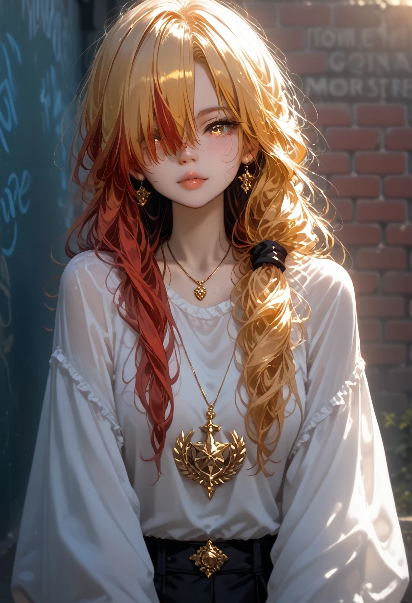 ультра реалистичное 8k cg, masterpiece, ((ultra detailed background, delicate pattern, complex part)), Best quality, complex parts, chromatic aberration, 1 girl, long hair, Golden hair, dirty hair, red highlights, hair over one eye, keen eyes, necklace, Brick wall, graffiti, dim lighting, lane, oversized shirt,from the shoulder, see through a white shirt, masterpiece, Best quality, Shine, score_9, score_8_up, score_7_up