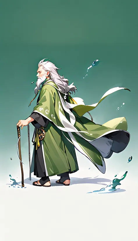 highest quality、high resolution、high detail、wizard、gray-haired all-back、cool uncle、whole body、long white beard、green robe、cane、(...