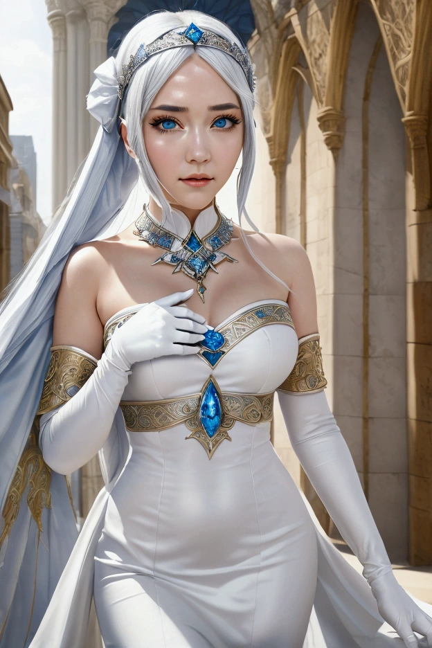 1 girl, High resolution, masterpiece, Alone, cheered up, absurdities, detailed face, Perfect eyes, Azura (fire emblem), Upper part of the body, Whole body, White dress, jewelry, white gloves, urban landscape, tenure, personal, Singing